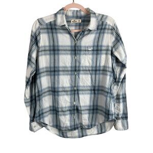 Hollister Women's Long Sleeve Plaid Blue Button Down Flannel Shirt Medium Y2K